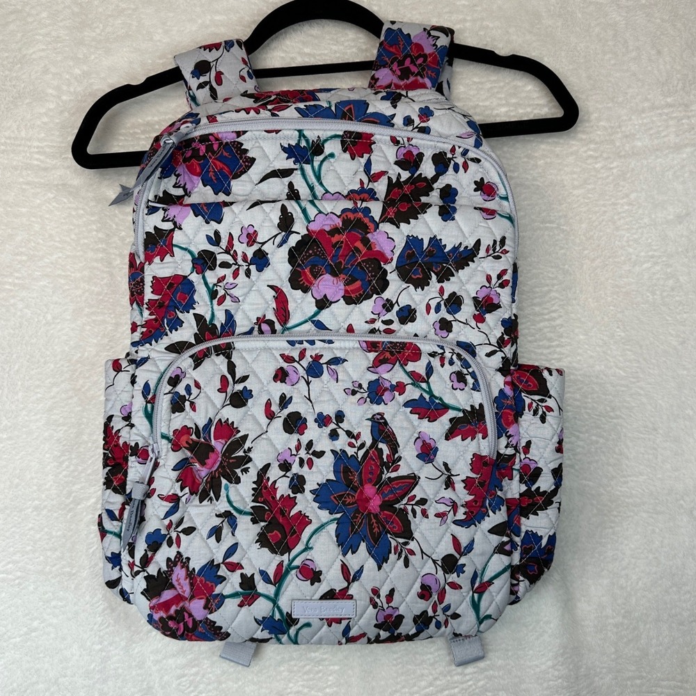 Vera Bradley Quilted Floral Backpack Gray Pink Blue Laptop Sleeve